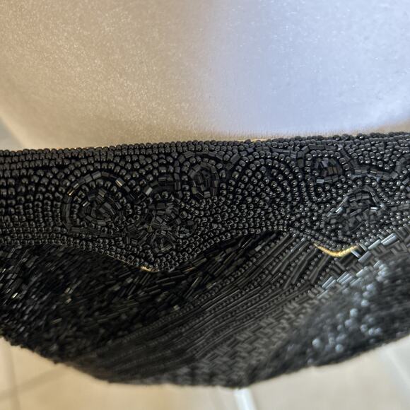 VTG BLACK Heavily BEADED EVENING purse gold trim clutch Bechamel CROSSBODY prom - Picture 12 of 15